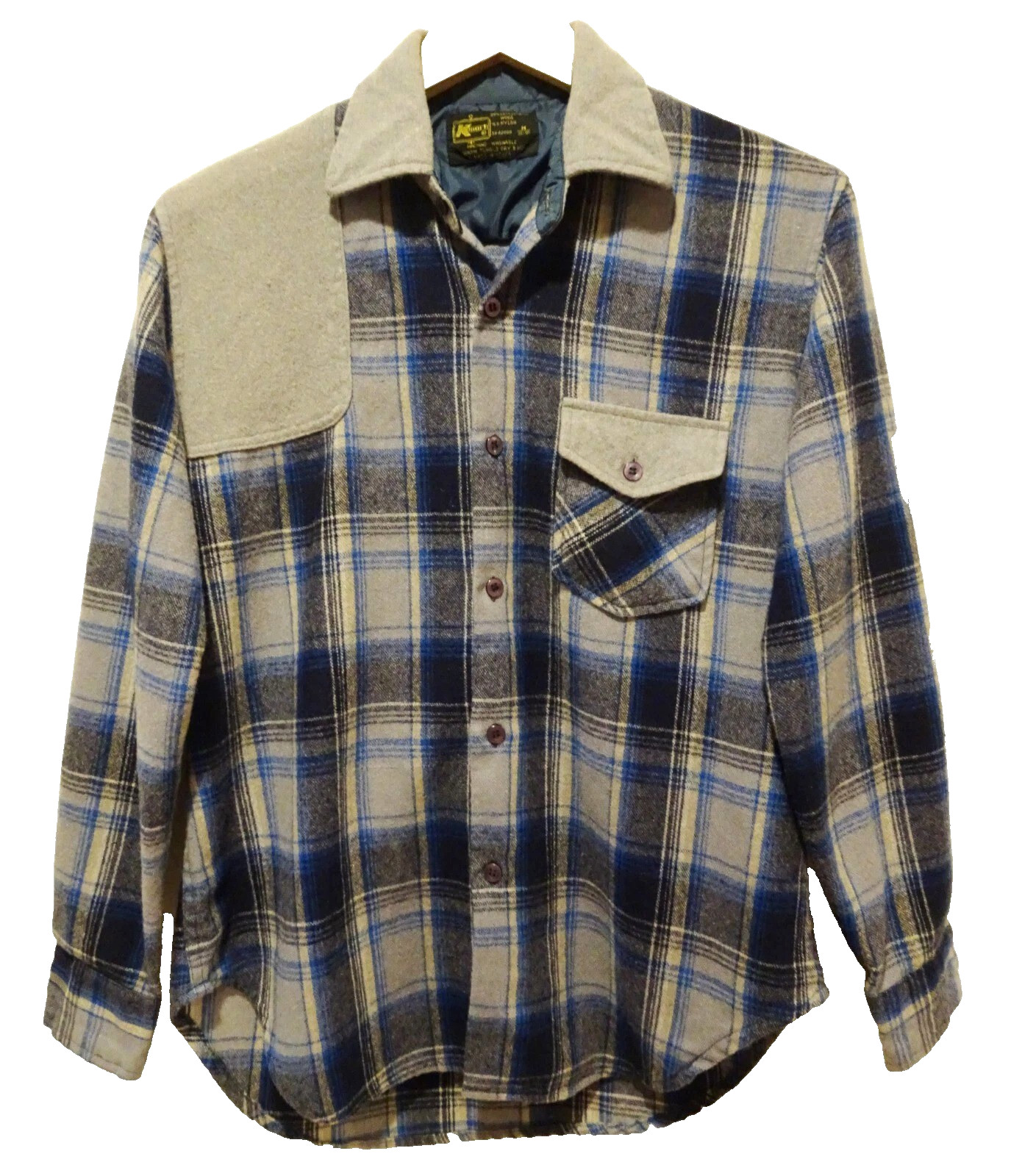 M Vtg 70s Kmart Blue Gray Black Shadow Plaid Wool Nylon Flannel Men’s Shirt M