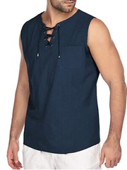 Mens Loose Tank Tops Cotton Linen Sleeveless Lace-up T-shirt Daily Wear Vacation