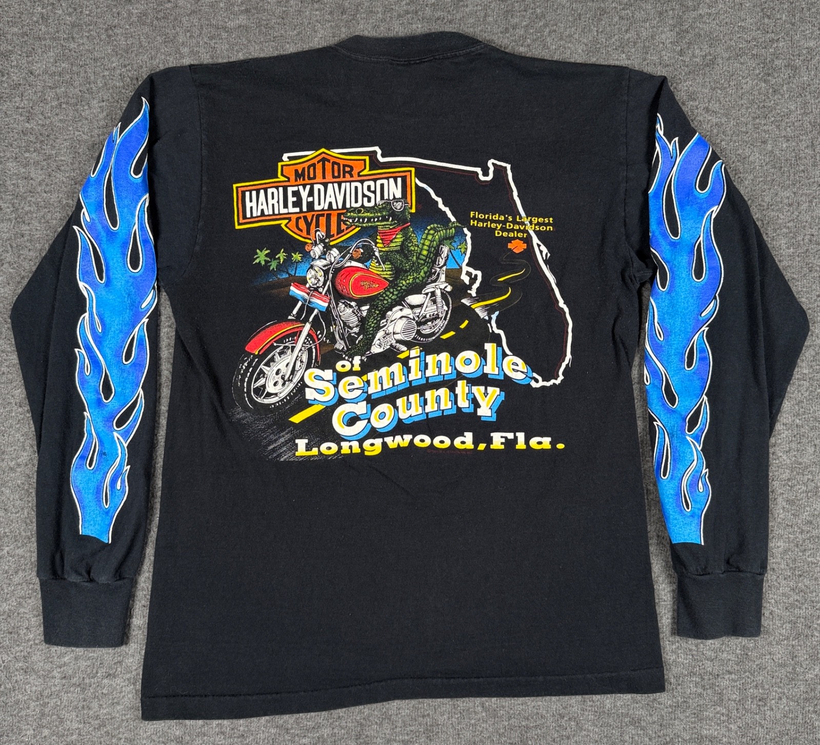 VTG 1991 Harley Davidson Shirt Mens Medium Blue Flames Gator Seminole FL Biker *