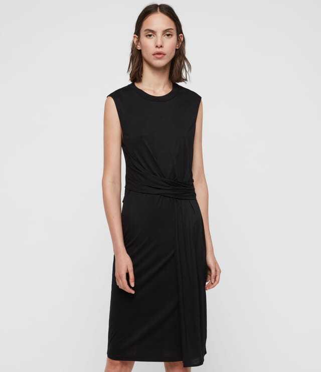 All Saints Women’s Black Limera Midi Dress Viscose Wrap Waist Sleeveless RRP £95