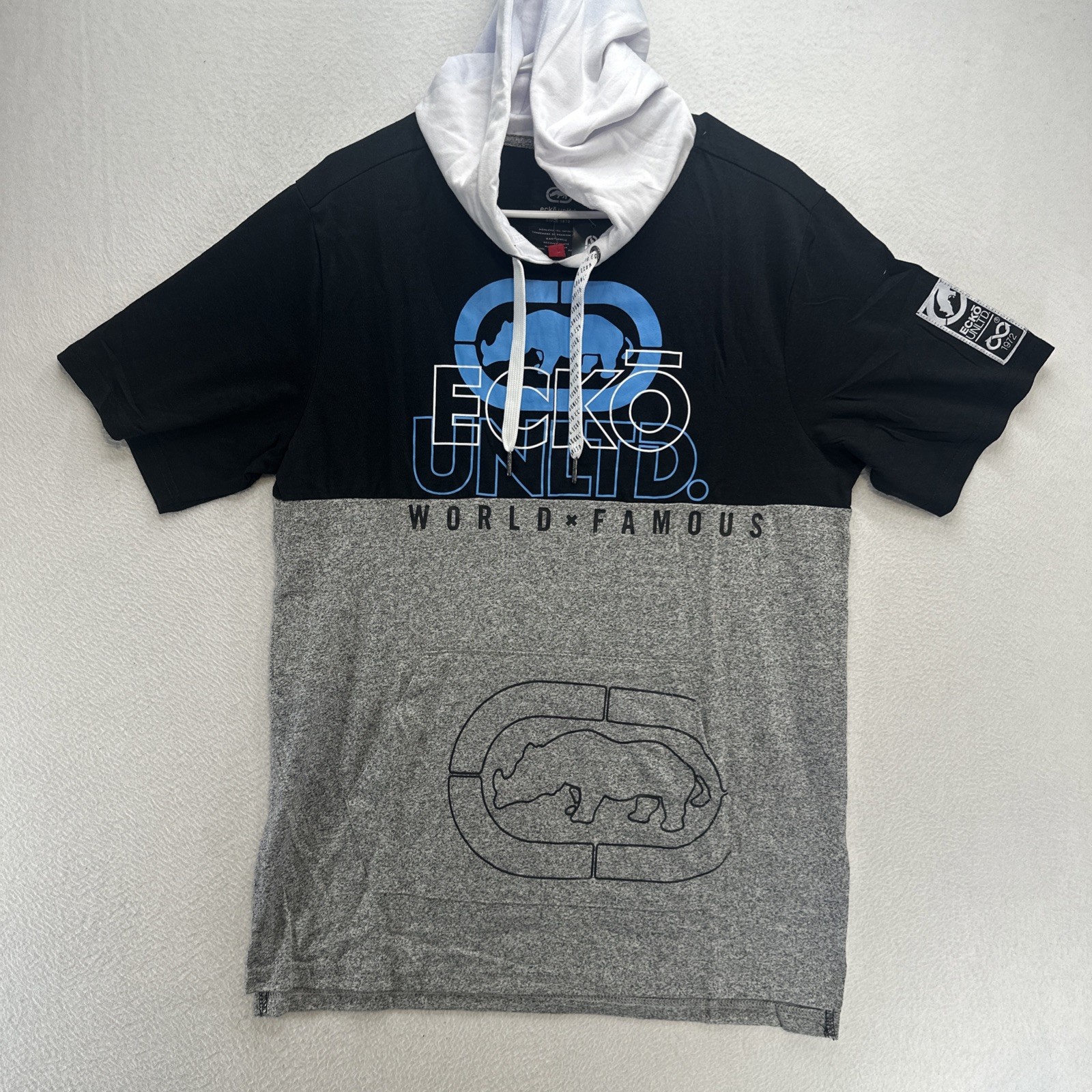 Ecko Unltd Shirt Mens XL Grey Hooded Short Sleeve Kangaroo Pocket NWT gallery