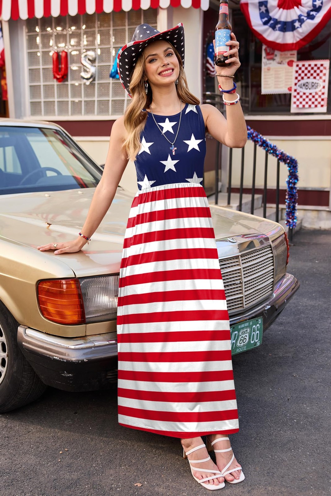 Womens July 4th Maxi Patriotic American Flag Long Dress with Pockets High Wai... gallery