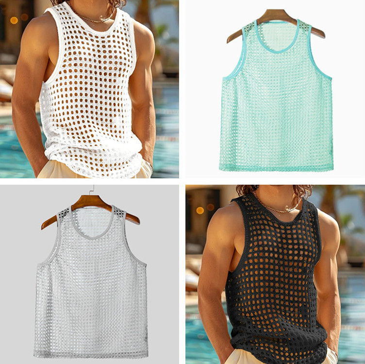 Mens Knitted Crochet Tank Tops Summer Hollow Sleeveless T-shirt Scoop Neck Shirt gallery