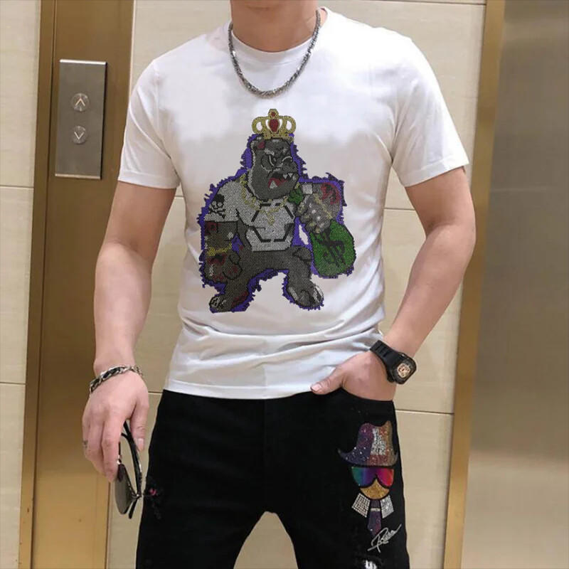 New Fashion Rhinestones Bear Short Sleeve Luxury Men Black White T-Shirt gallery