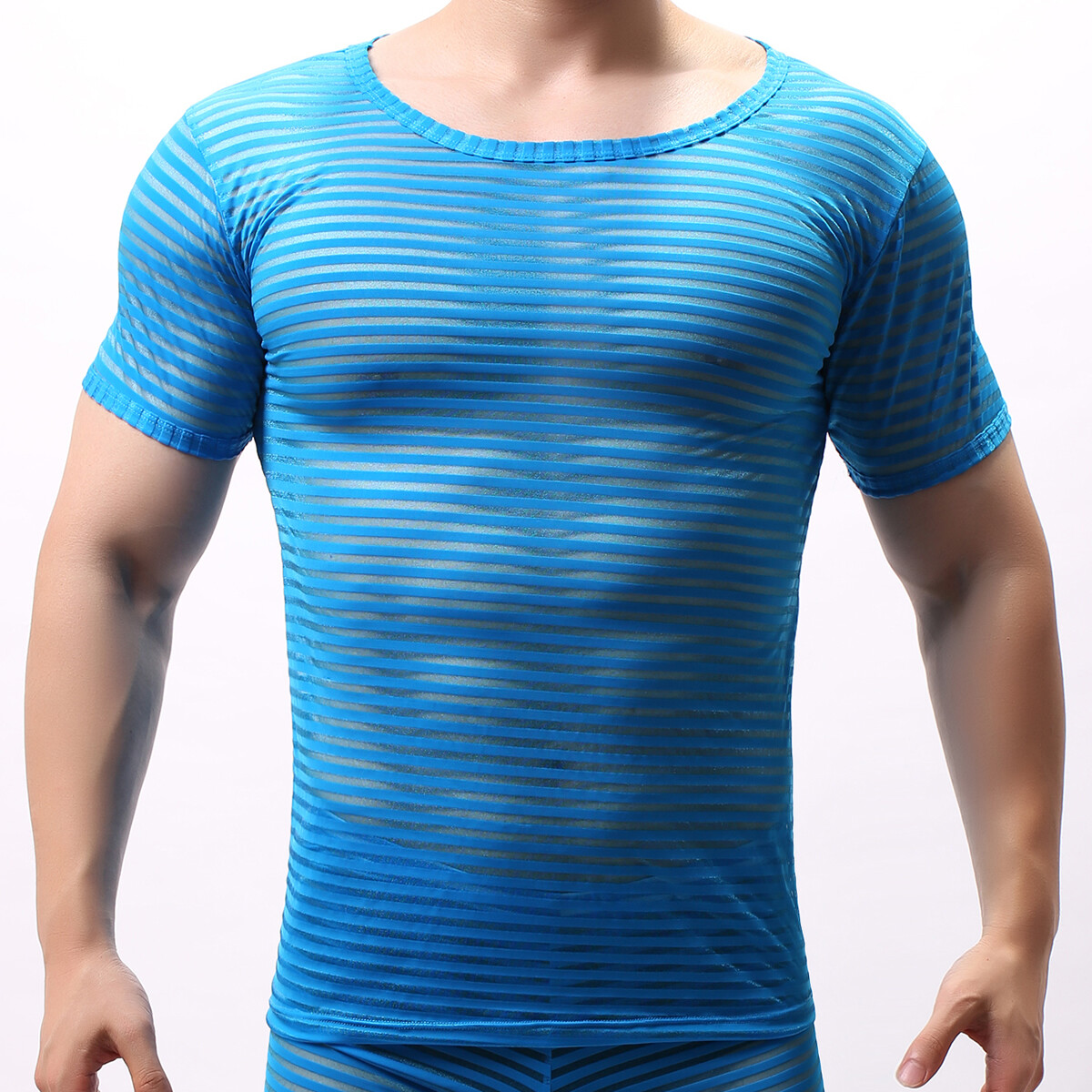Mens Sexy See-through Mesh Trousers Striped Sports T-Shirt Top Long John Pants gallery