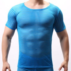 Mens Undershirt Mesh Men See Through Sheer Short Sleeve Sexy T-shirt Long Pants