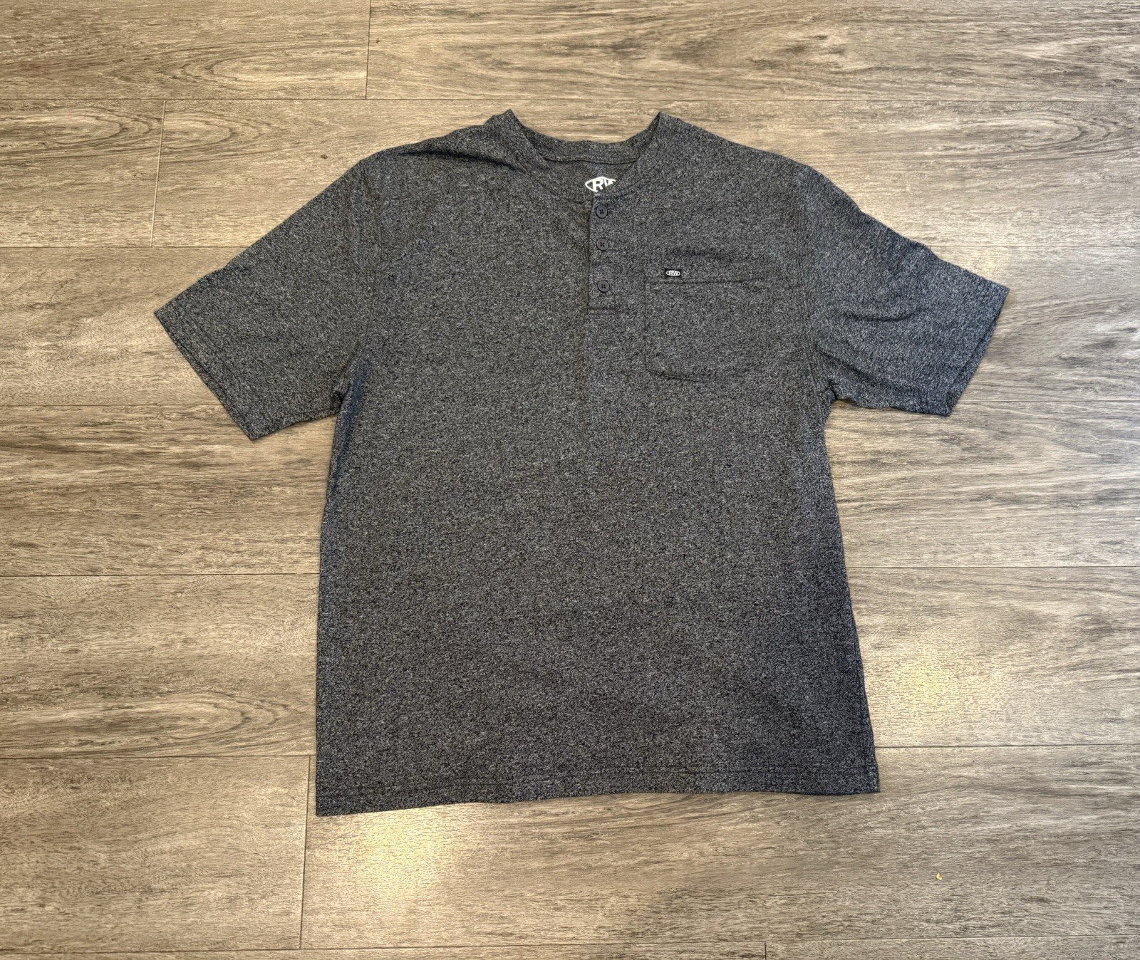 Gray Heather Henley Tee. Men’s XL Rugged Wear brand. 50% poly, 50% cotton.