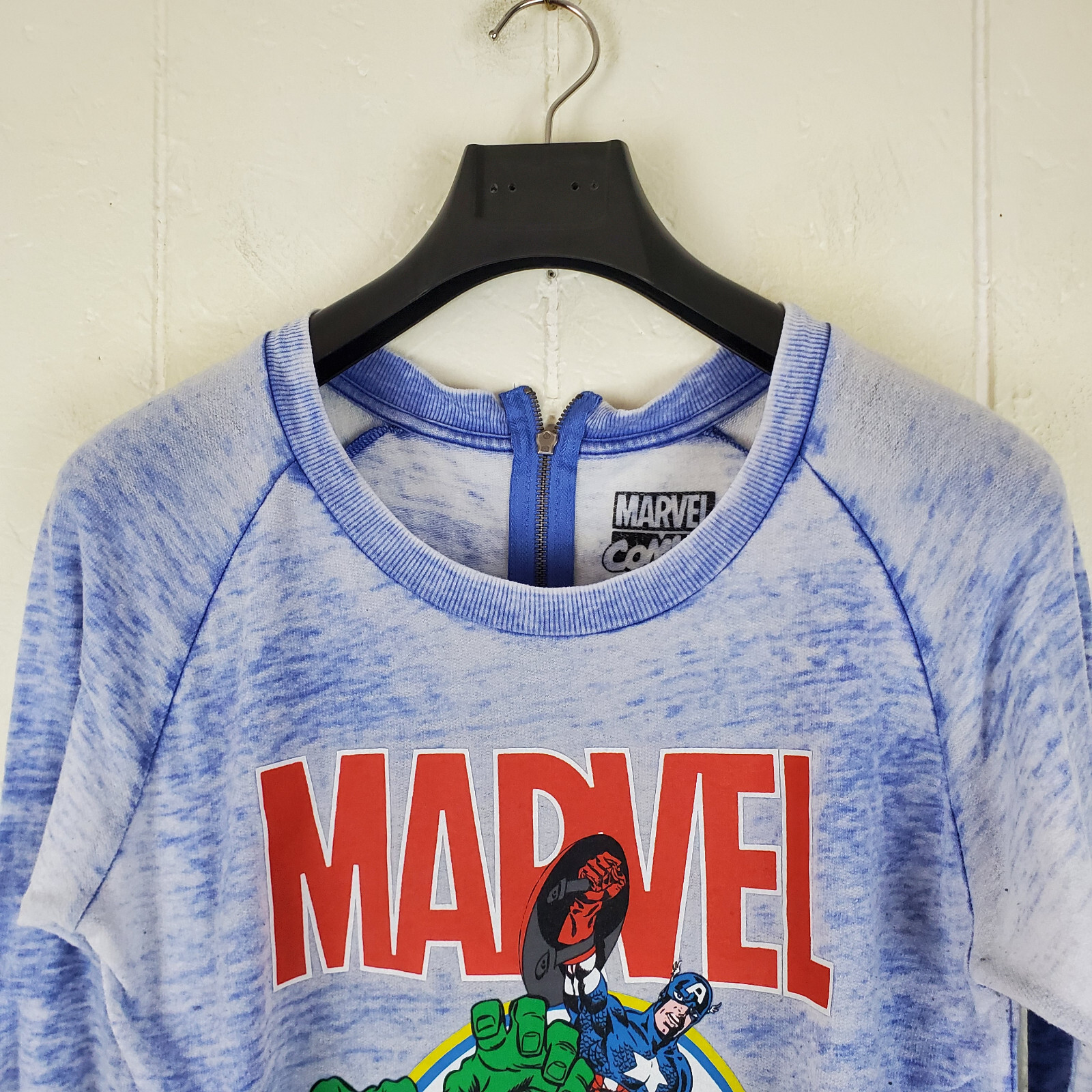 Marvel Shirt Men Medium Blue Graphic Scoop Neck Long Sleeve Sheer Zipper Stretch gallery