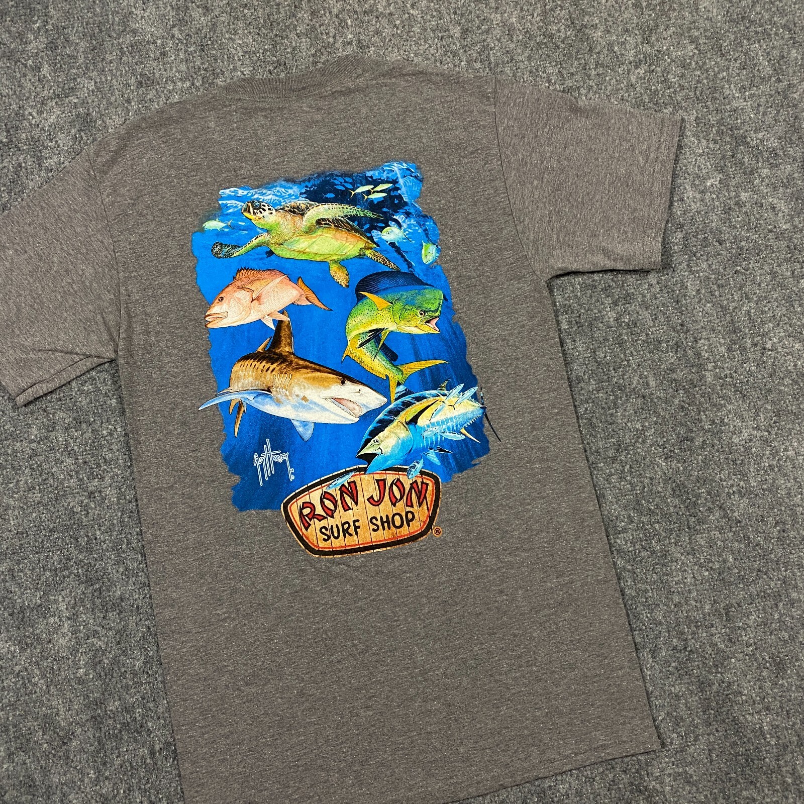 Guy Harvey Ron Jon Surf Shop Pocket Shirt Mens Small Gray Turtle Dolphin Shark gallery