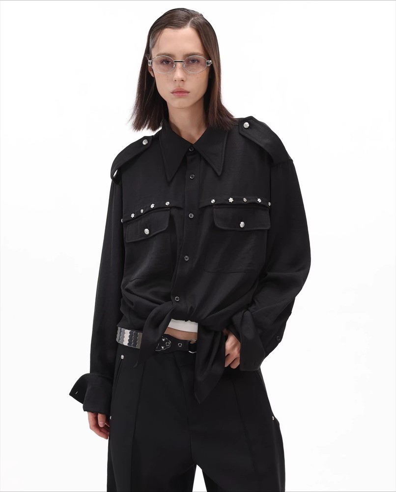 Spring Mens Casual Metal Rivet Lapel Collar Long Sleeved Pointed Collar Shirts