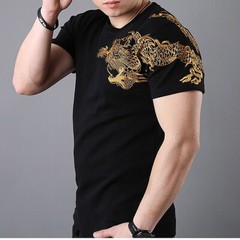 Mens Japanese Pattern Embroidery Gold Dragon T-Shirt Stretch Black Short Sleeve