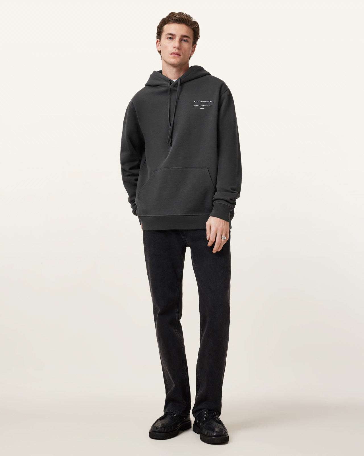 All Saints Mens Redact Washed Black Hoodie Relaxed Fit Embroidered Sweatshirt gallery