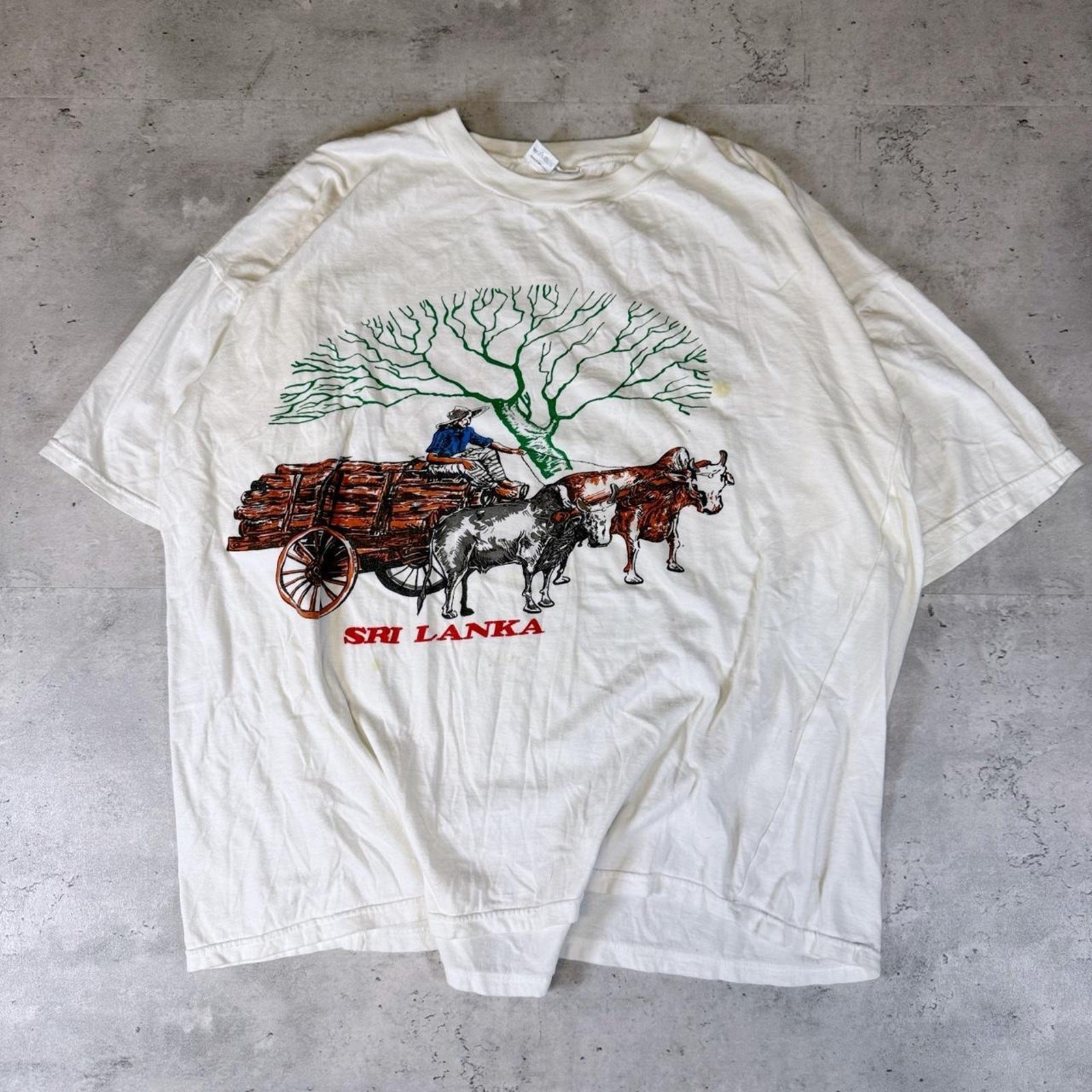 Vintage 90s Sri Lanka Ox Farmer Tropical Graphic T Shirt Agriculture Tee XXL