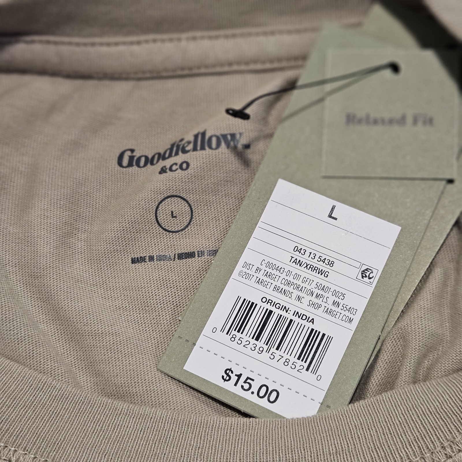 NWT Goodfellow & Co Men’s Size L Tan Relaxed Fit T-shirt Short Sleeves Crew Neck gallery