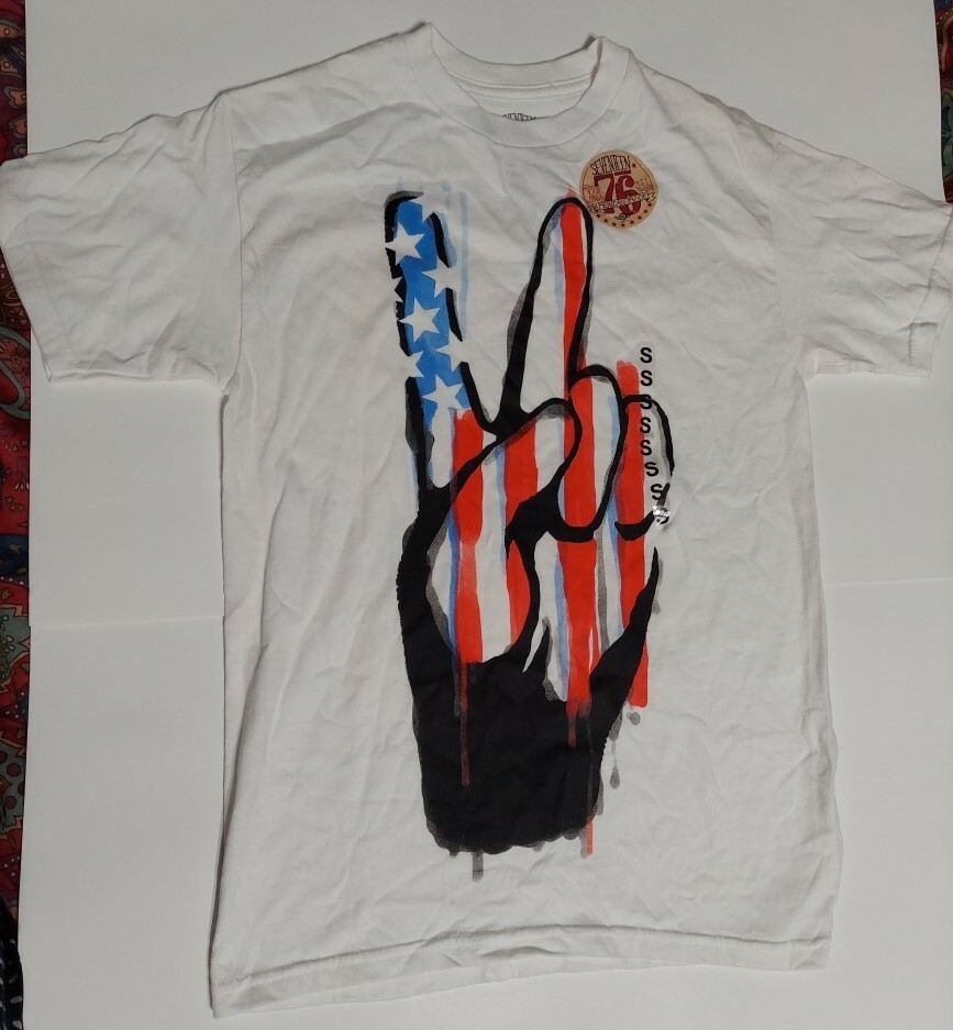 New! Groovy Peace Symbol American Flag Red White & Blue 1776 White T-Shirt Small gallery