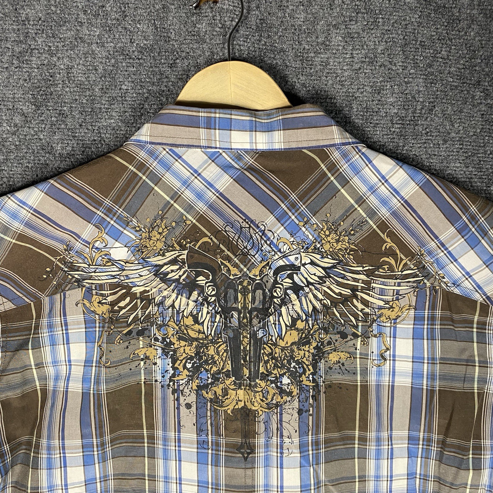 Empra Button Shirt Mens XL Brown Blue Plaid Cotton Y2K Grunge Angel Wings Pistol gallery
