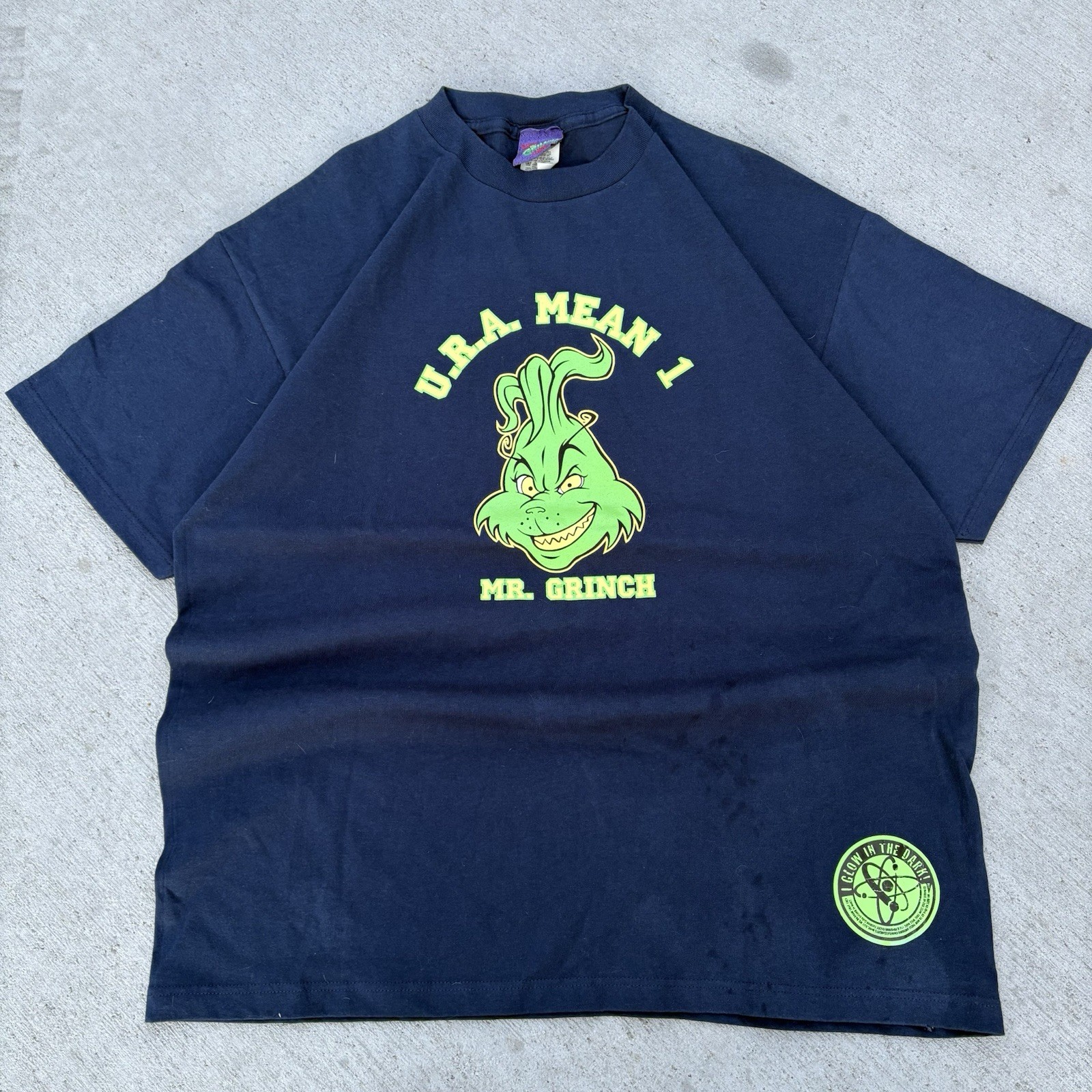 Y2K Dr Sues Mens XL Grinch Glow In The Dark University Tee Shirt Christmas Green