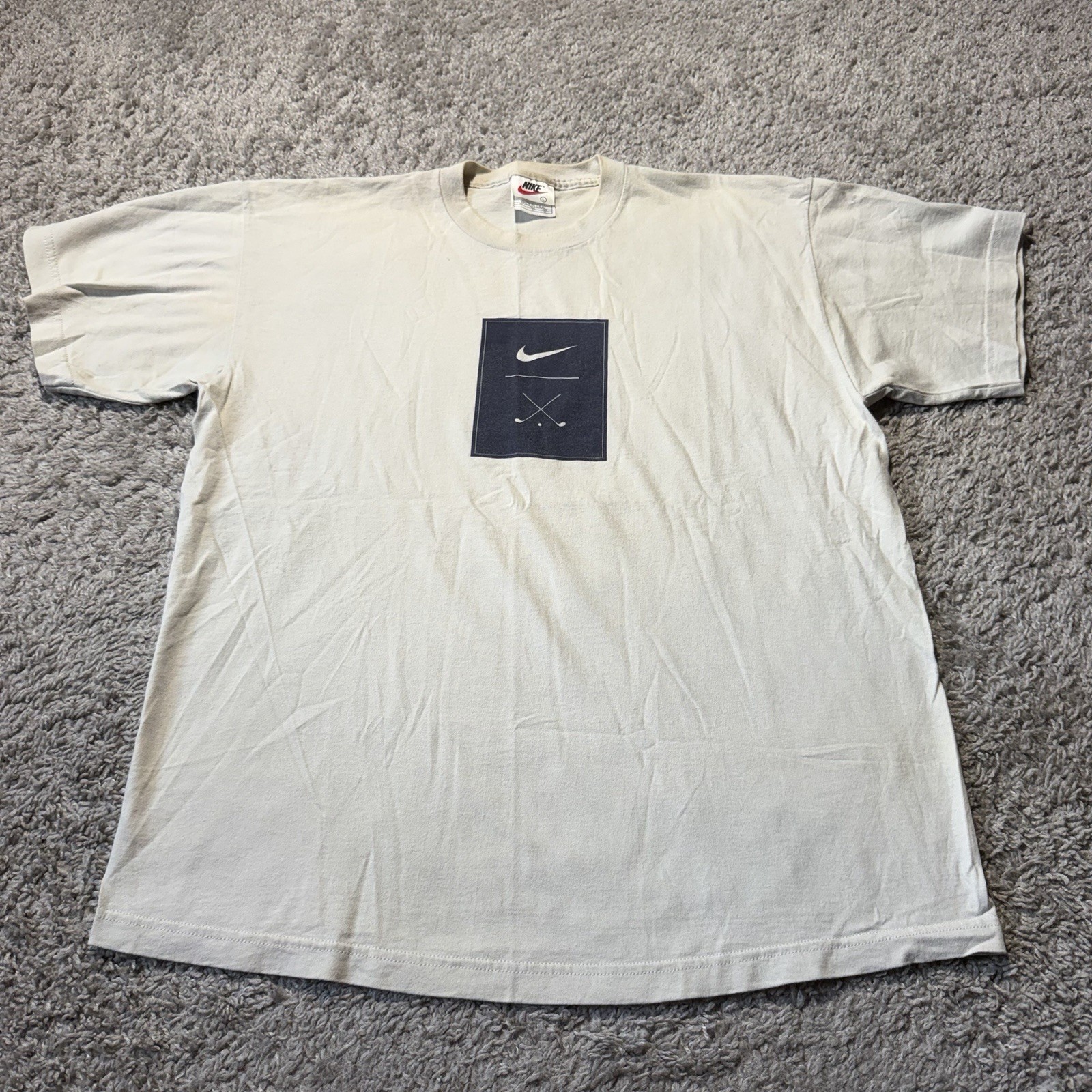 90s Vintage Nike Golf Swoosh Tee Large White Cream Tiger Woods Made USA Cotton gallery