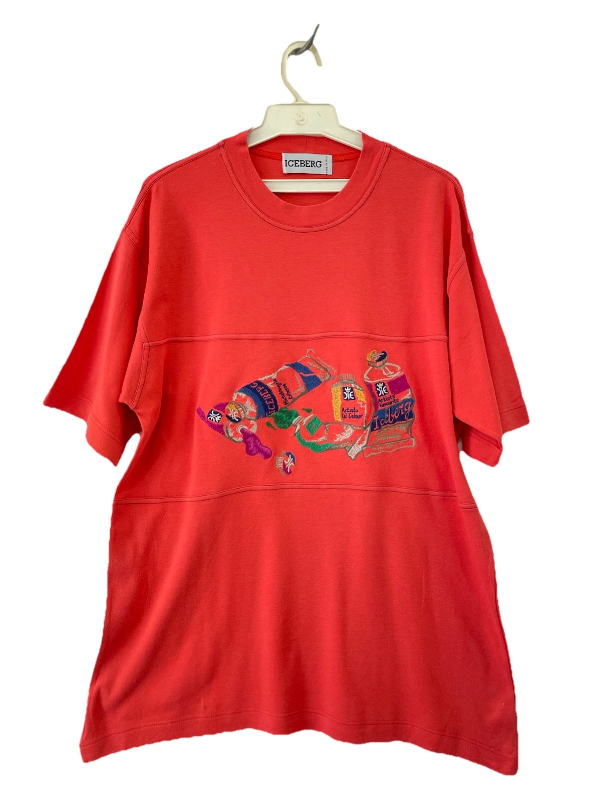 H30#Vintage ICEBERG Italy Red Graphic Paint Tube Embroidered T-Shirt Size L gallery