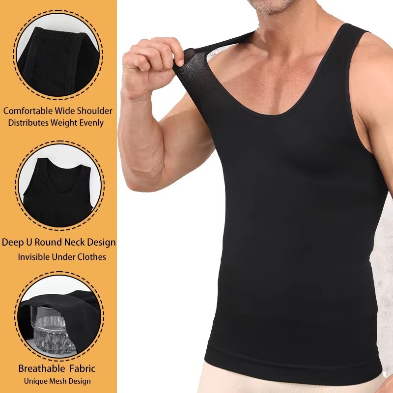 Men Compression Shirt Slimming Body Shaper Vest Waist Traner Cross Tummy Control gallery