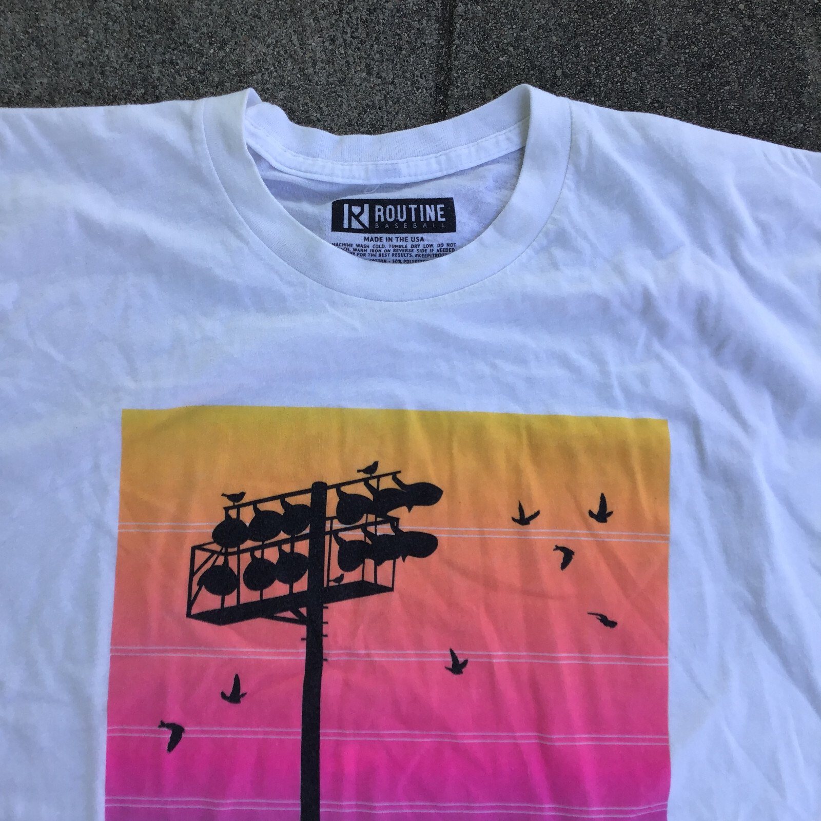 Routine Men Large Short Sleeve Shirt White Baseball Lights Birds gallery