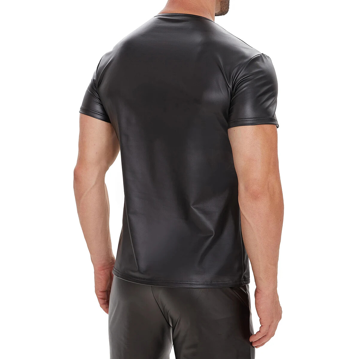 Men Soft Matte Leather T-Shirt Stretch Shiny Leather Vest Gym Crew Neck gallery