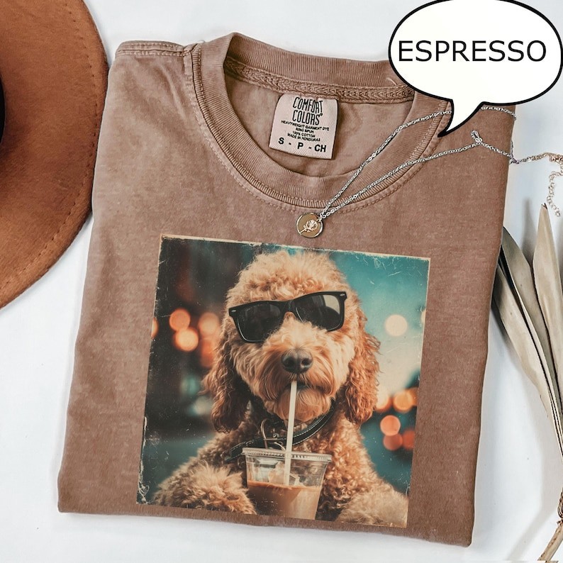 Comfort Colors Cute Goldendoodle Drinking Iced Coffee T-Shirt, Dog Lover Gift,