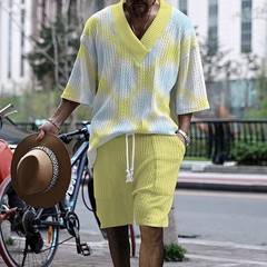Beach Loose Print V-neck Mens Knitted Short-sleeved Short-shorts Set Casual 2pcs