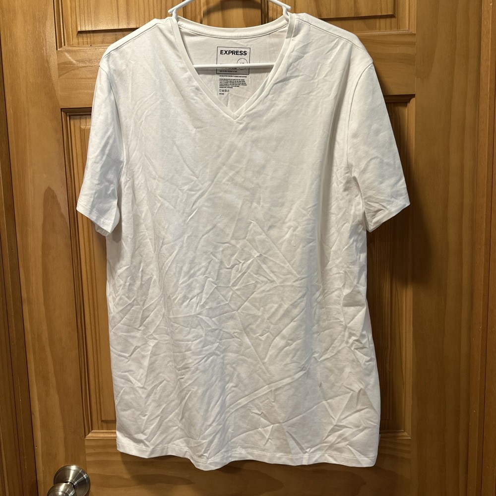 EXPRESS V-Neck Tee Solid WHITE T-Shirt, Pima Cotton/spandex size L