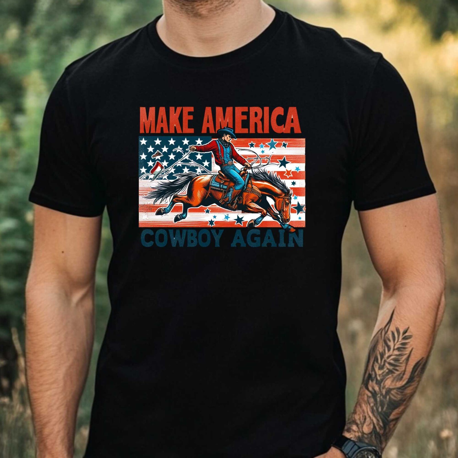 Mens Retro Cowboy Print Cotton T-Shirt Size XS to 5XL