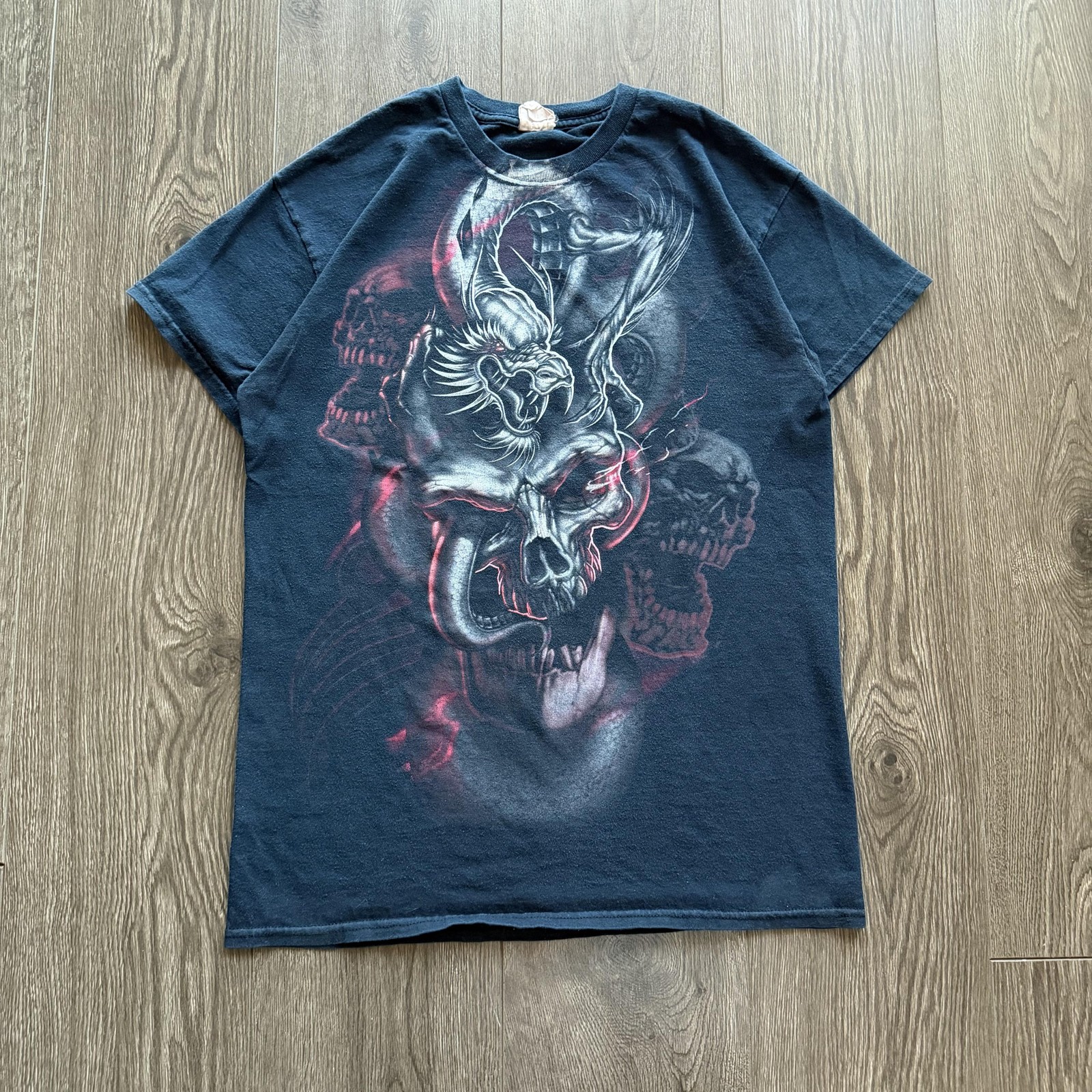 Y2K Grunge Skater Shirt Gothic Dragon Skull Large Black Horror Graphic Tee gallery