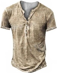 Mens Distressed Henley Shirt Short Sleeve Retro Washed Casual Slim Fit Tee