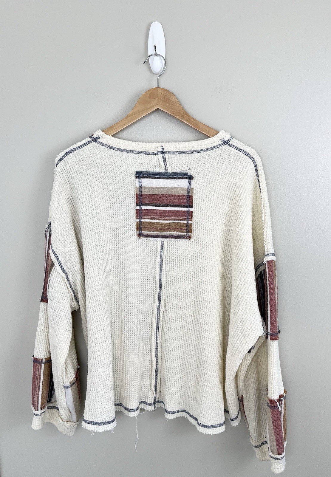 POL Mens Sz M Oversized Henley Tan waffle Knit Mixed Striped Fabric (flaw) gallery
