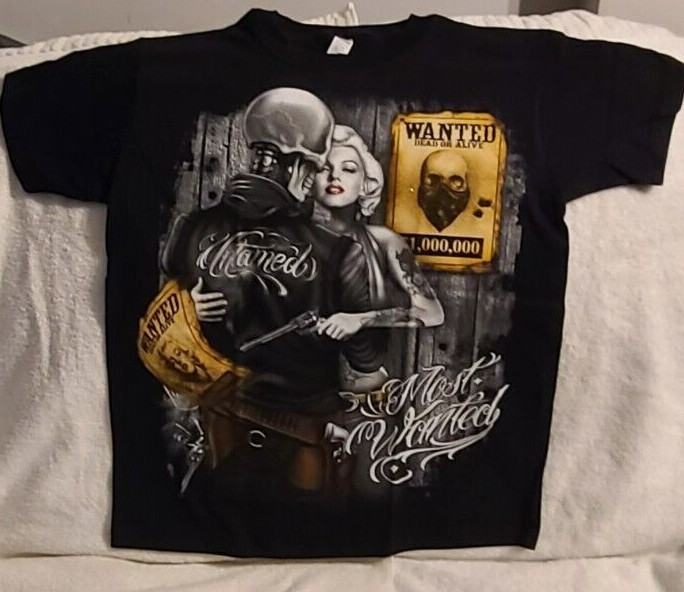 SKELETON SKULL MARILYN MONROE GUN TATTOO UNTAMED MOST WANTED T-SHIRT