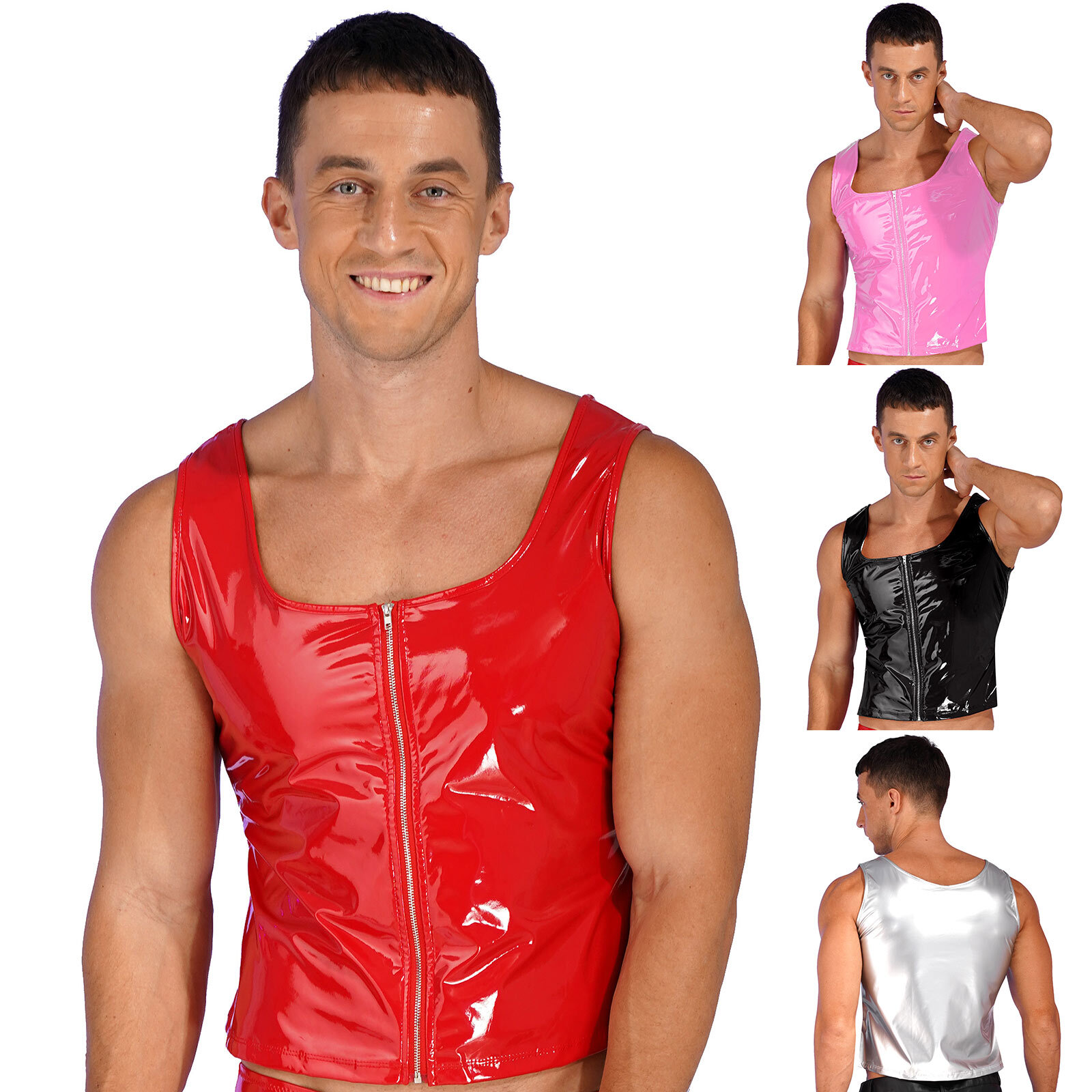 Mens Tops Sexy Tank Vest Pvc Leather Shirts Dancing Costume Performance Shiny gallery