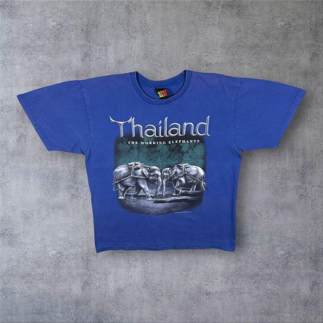 Early 00's Joligolf Thailand Elephants Animal Tourist Graphic Blue T-Shirt Large gallery
