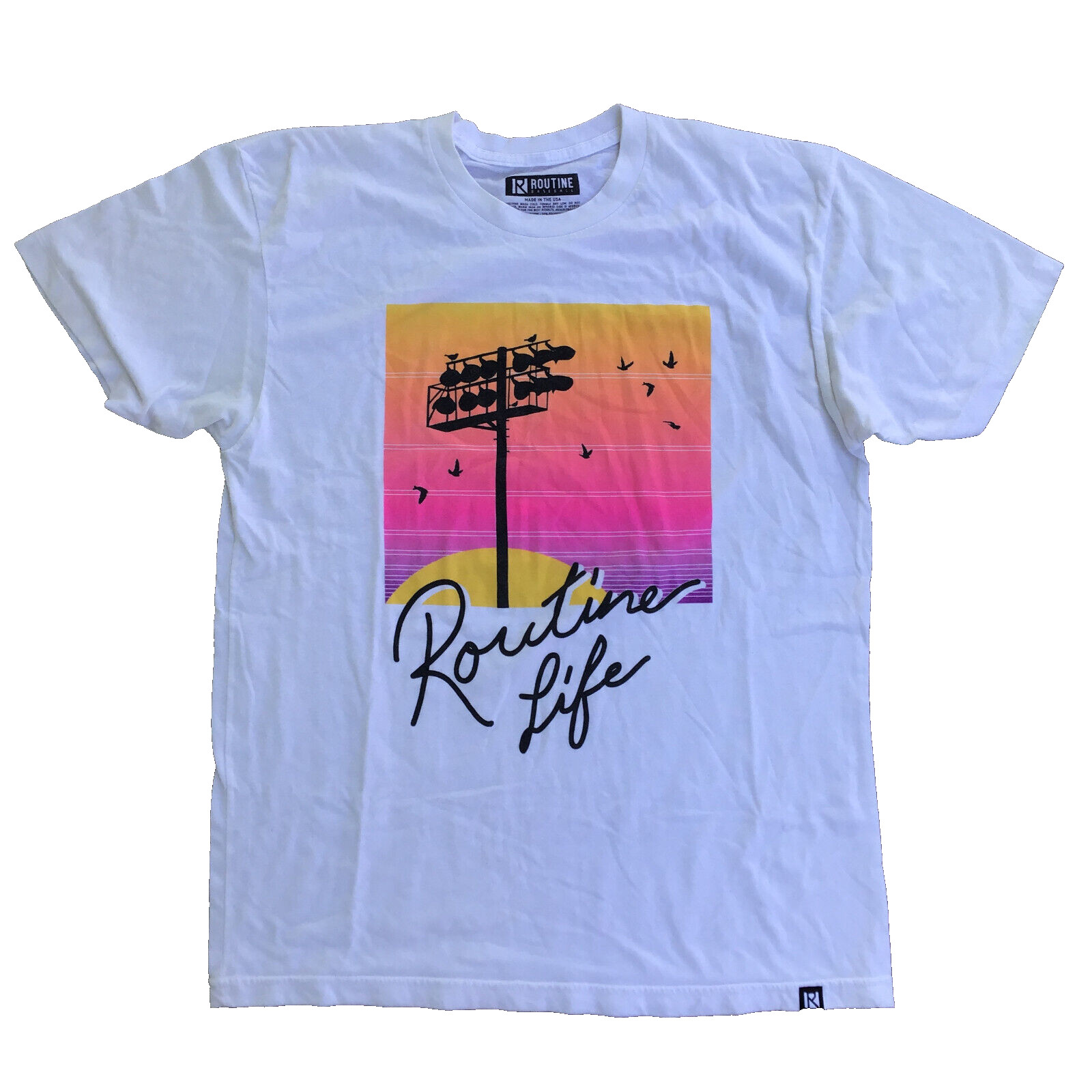Routine Men Large Short Sleeve Shirt White Baseball Lights Birds gallery