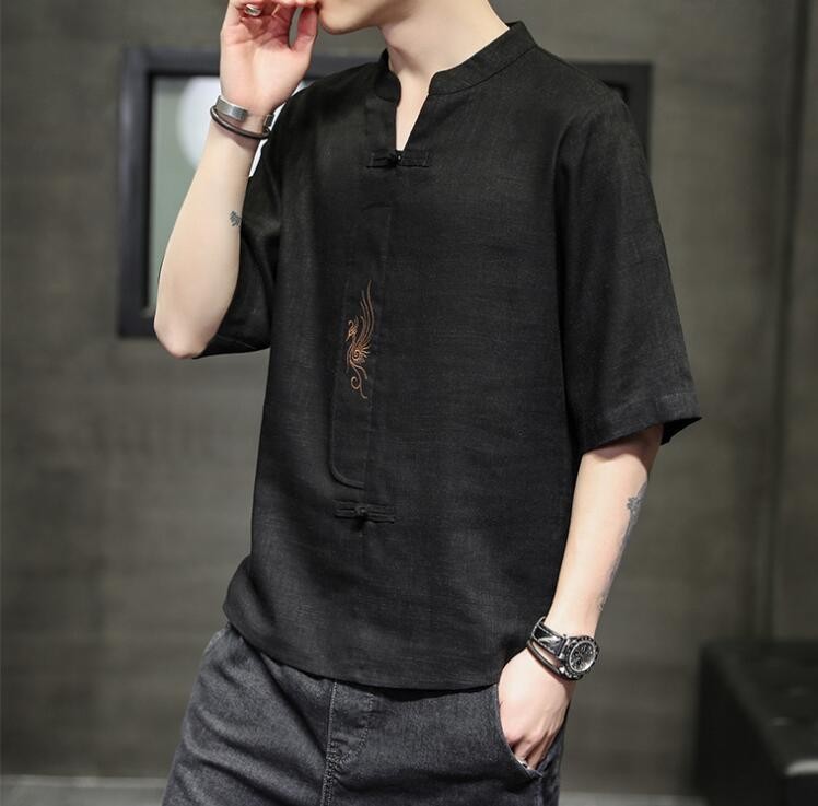 New Summer Men's embroidery Tops Cotton Linen buckle T-Shirts Casual Tang Suit gallery