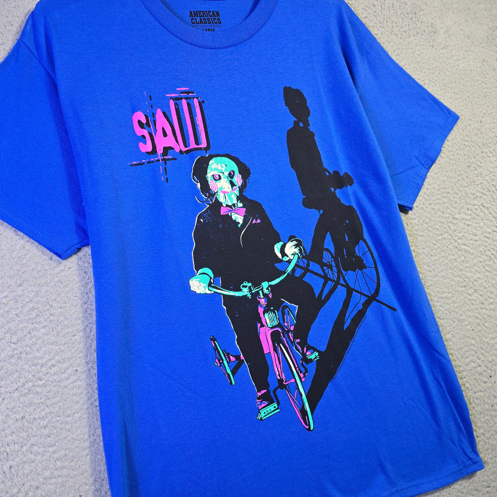 Saw Shirt Mens Large Blue Horror Movie Horror Billy Puppet Casual NWT gallery