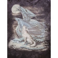 The Mountain Dragon and Wolf Howling at Moon Tie Dye Graphic T-Shirt Men XL Grey