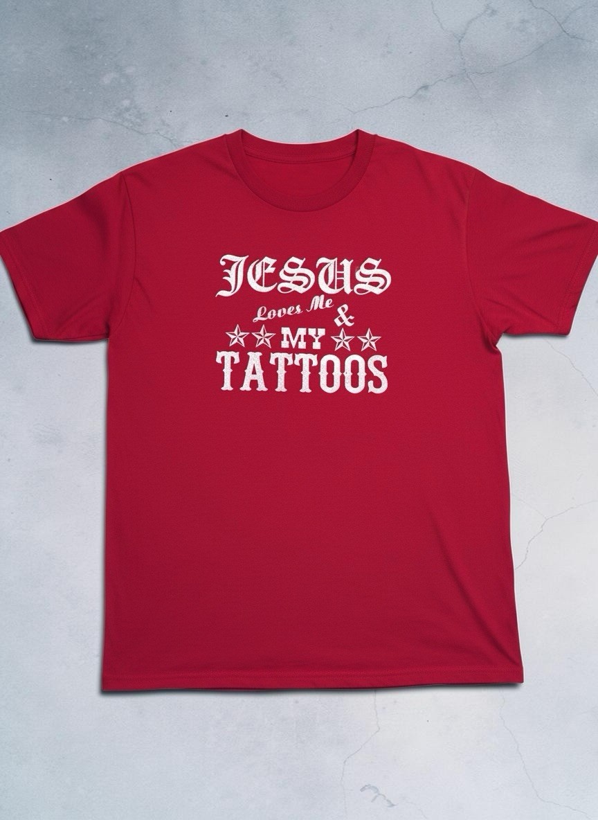 Jesus Loves Me & My Tattoos Mens L Red Graphic Tee Nautical Star Tattoo Gildan gallery