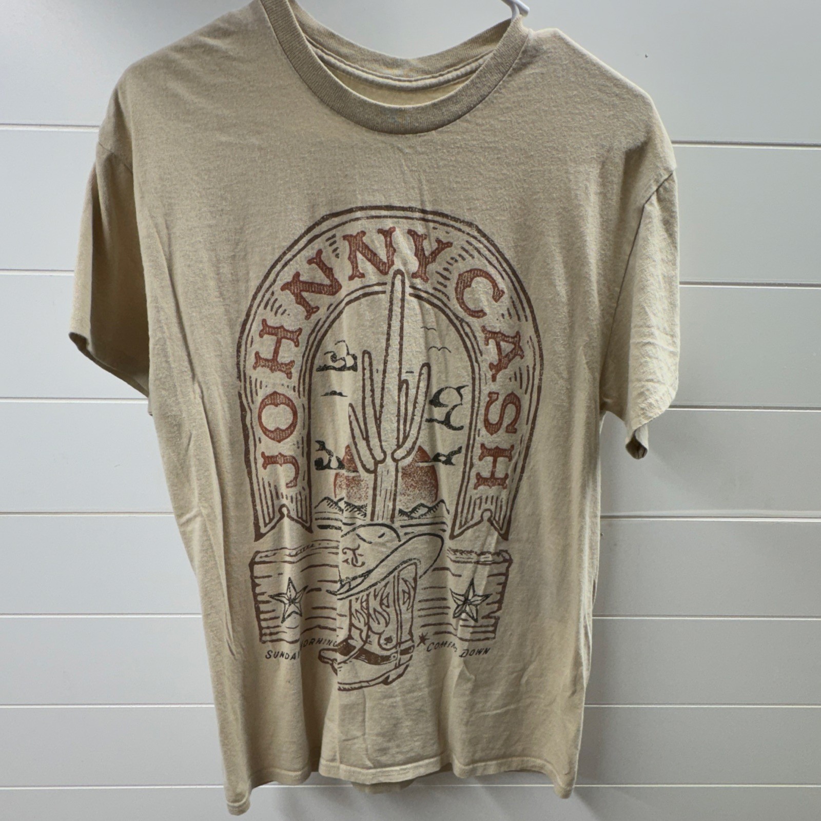 Johnny Cash Music Graphic Tee Beige L Regular Knit Cotton Short Sleeve Crew Neck