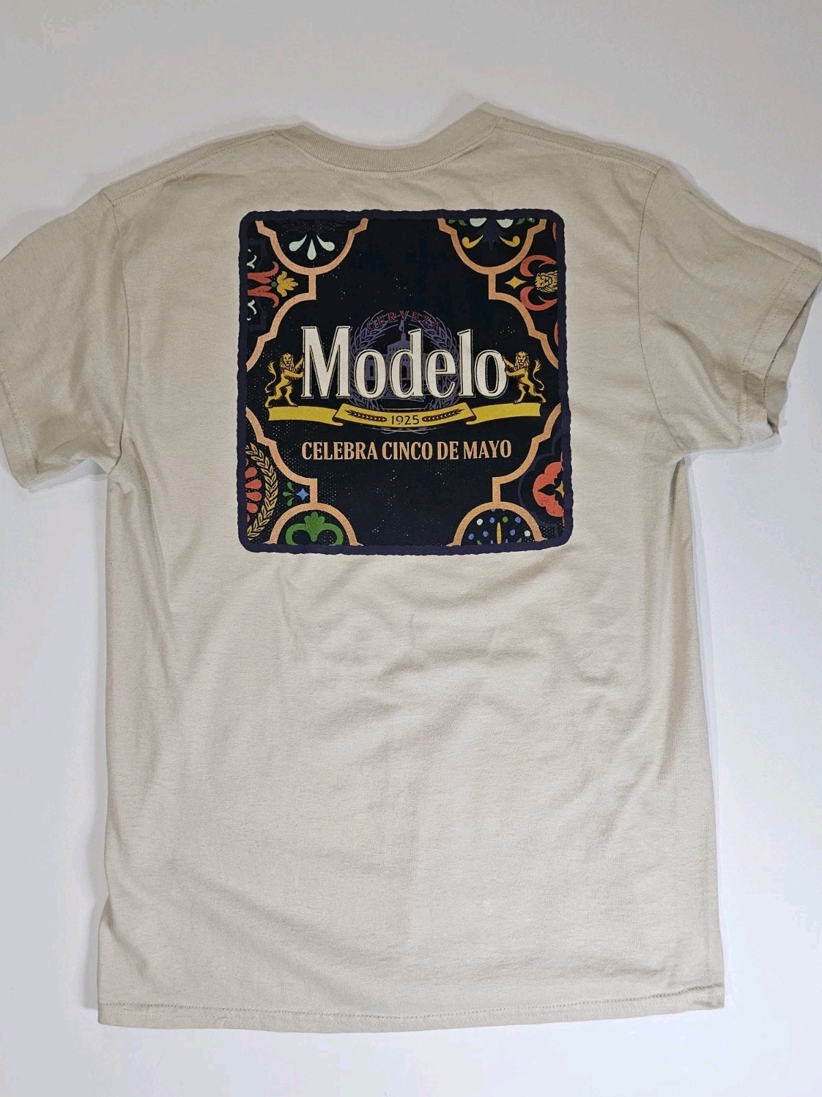 Modelo T-shirt Mens Medium Beige Gold Aztec Graphic Casual Mexican Beer Tee gallery