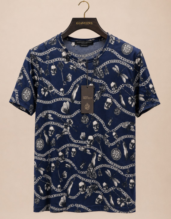 New ALEXANDER MCQUEEN Italy Blue Skull Print Short Sleeve Crewneck T-Shirt Sz S