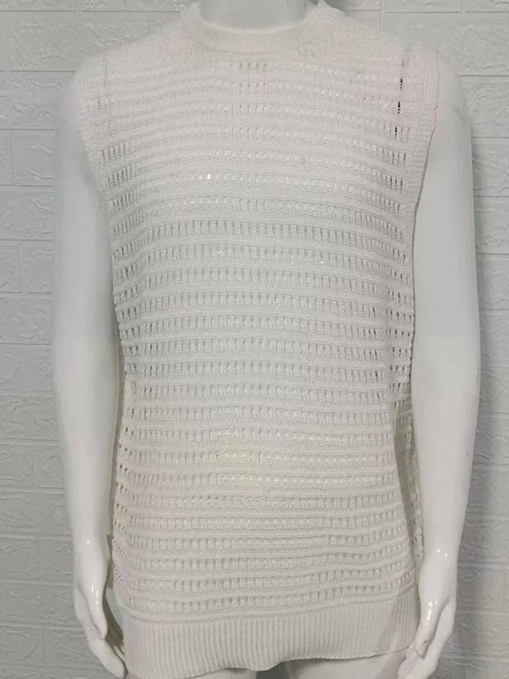 Ivory Round Neck Hollow Out Sleeveless Knit Men's Top gallery