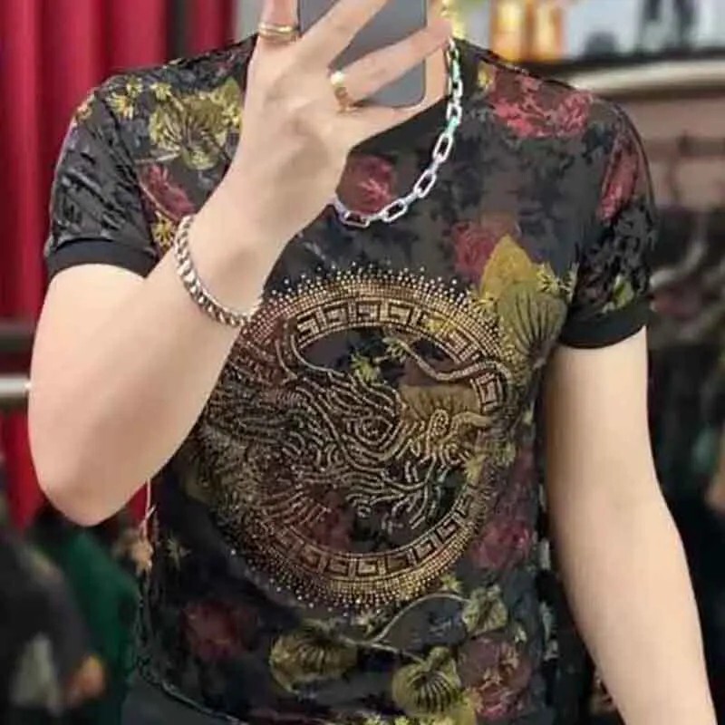 New Men Luxury Diamond Dragon Rhinestones Fashion T-Shirt High Quality 2 Colors gallery