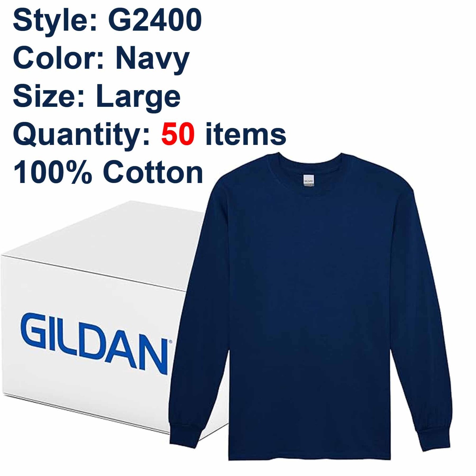 Gildan Unisex Men's 100% Cotton Long Sleeve T-Shirt G2400 L Large Navy 50 items gallery
