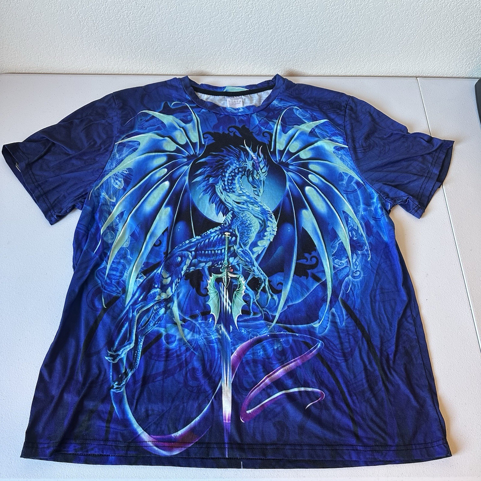 Blue Ice Dragon All Around Print 3D Poly SS T-Shirt Size 0XL Mystical Magic
