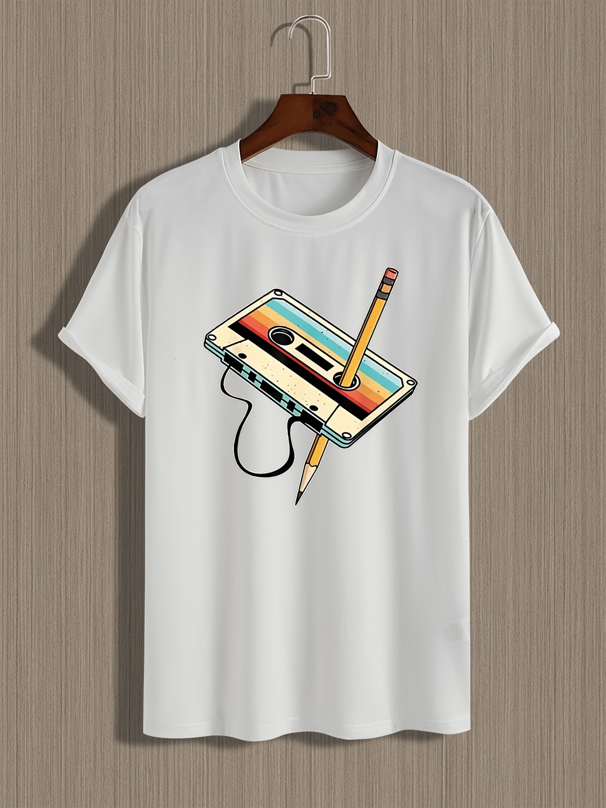 Men Retro Cassette Print T-Shirt - Casual Crew Neck, Slight Stretch, Summer Top√ gallery