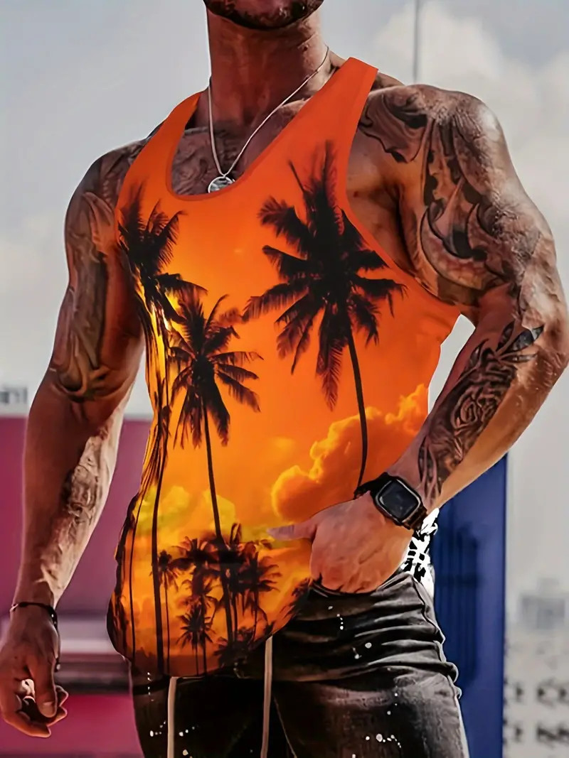 Men Fashion Sunset Coconut Tree Tank Top Comfort Fit Slight Stretch Summer Gym gallery